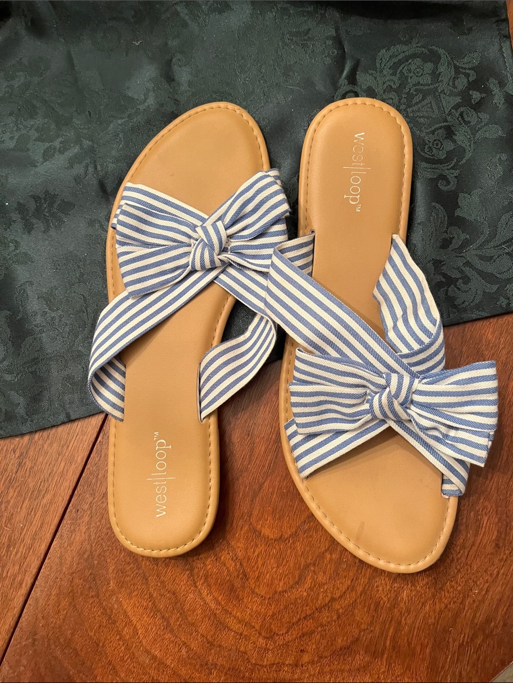 west loop Blue and White Striped Bow Slide Sandals